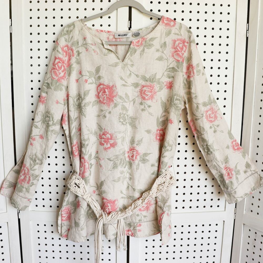 UNITS Womens Size XL Linen Tunic Top Blouse w/ Belt Beige Pink Floral Lagenlook